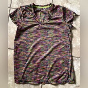 Xersion Rainbow Blue, Pink, & Green V Neck Workout Top T-shirt Short Sleeves